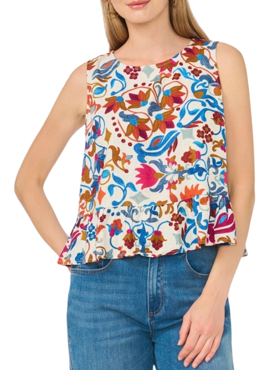 Vince Camuto Tops - Vince Camuto Cream Floral Sleeveless Peplum Top with Blue and Pink Accents NWT